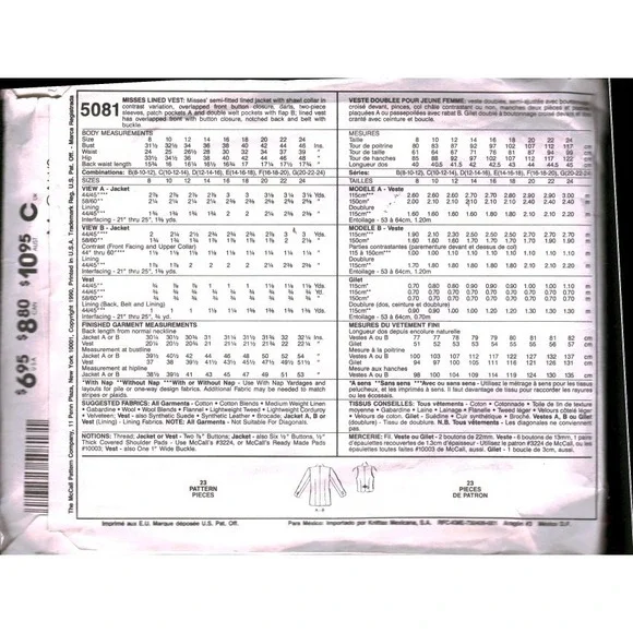 McCall's 5081 Sew News Jacket Vest Pattern Size 12 Vintage 1990 CUT - Picture 2 of 2